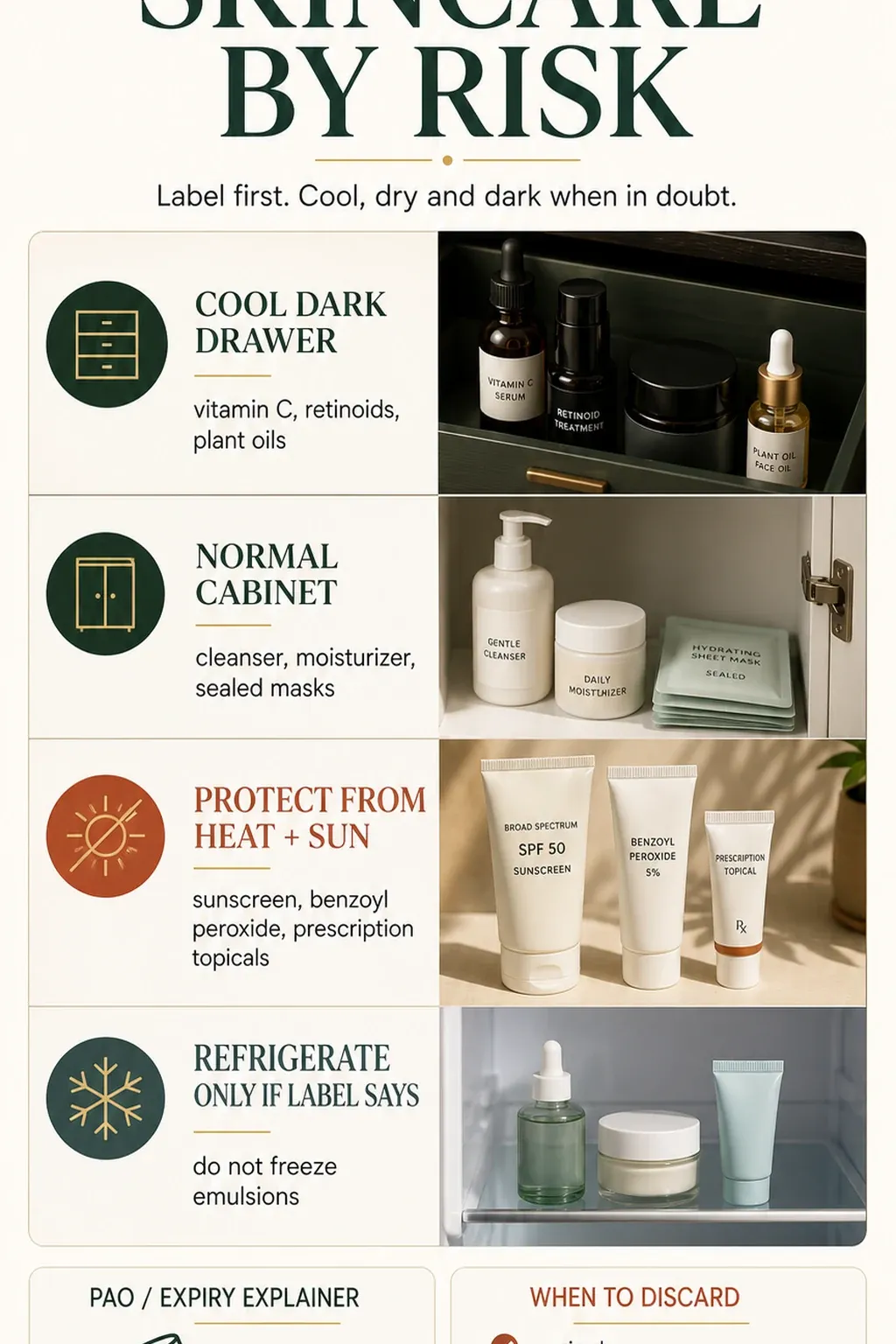 Skincare storage zones for vitamin C, retinoids, sunscreen, moisturizer and refrigerated products