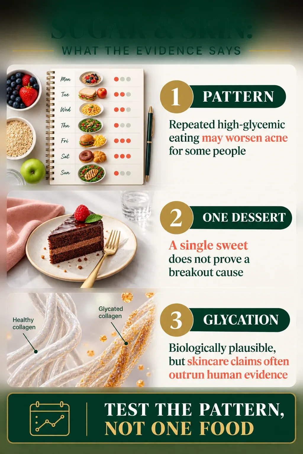 Sugar and skin evidence map comparing repeated high-glycemic patterns, one dessert and glycation claims