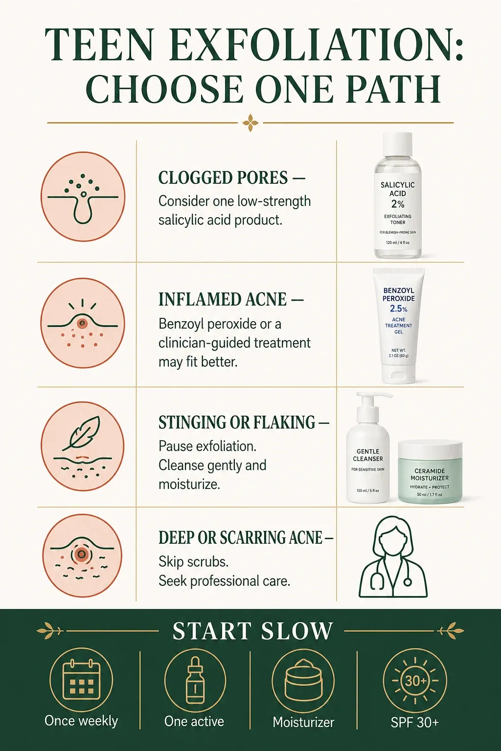 Teen exfoliation decision guide for clogged pores, inflamed acne, sensitivity and safe frequency