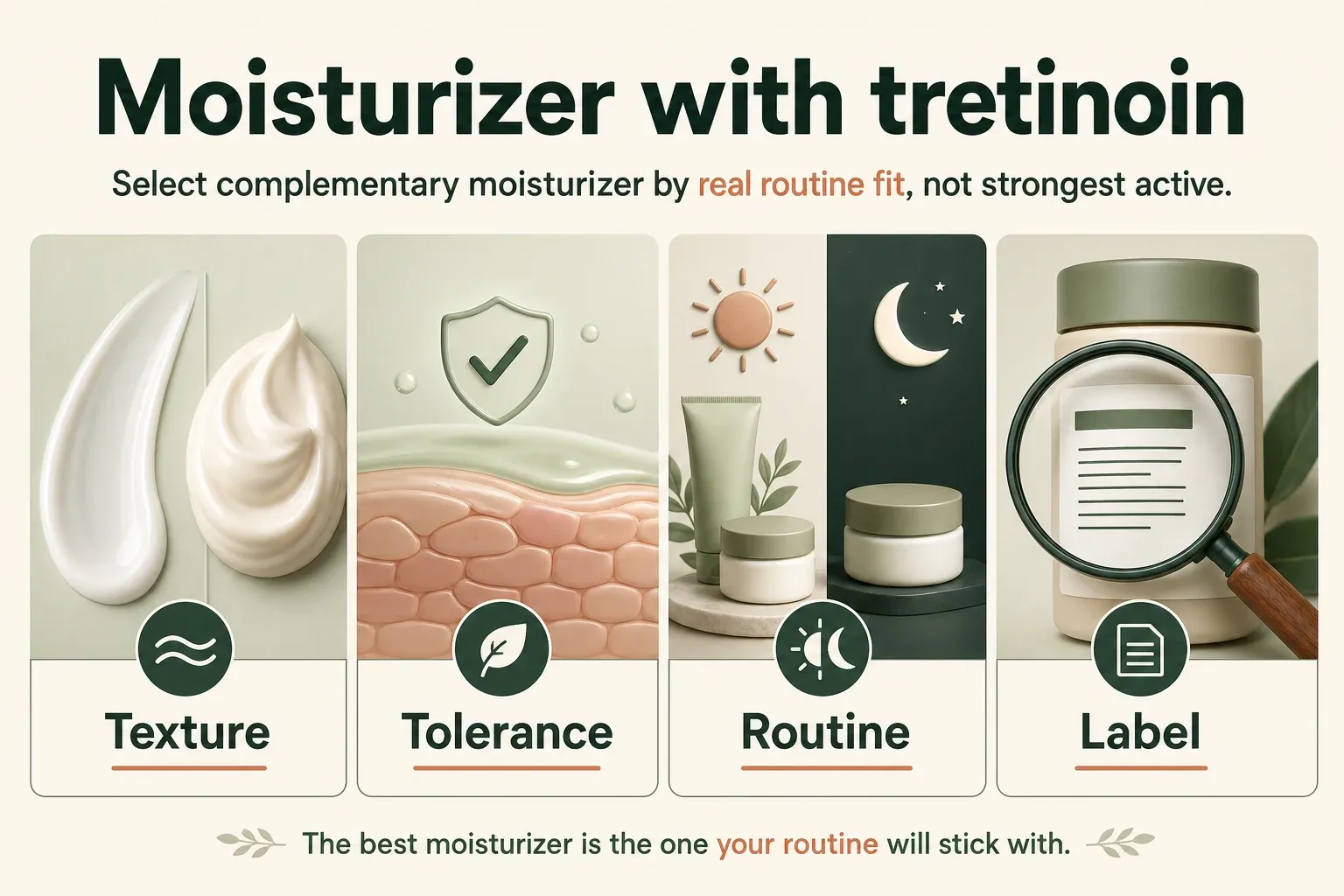 Four-part decision infographic for choosing a moisturizer alongside tretinoin