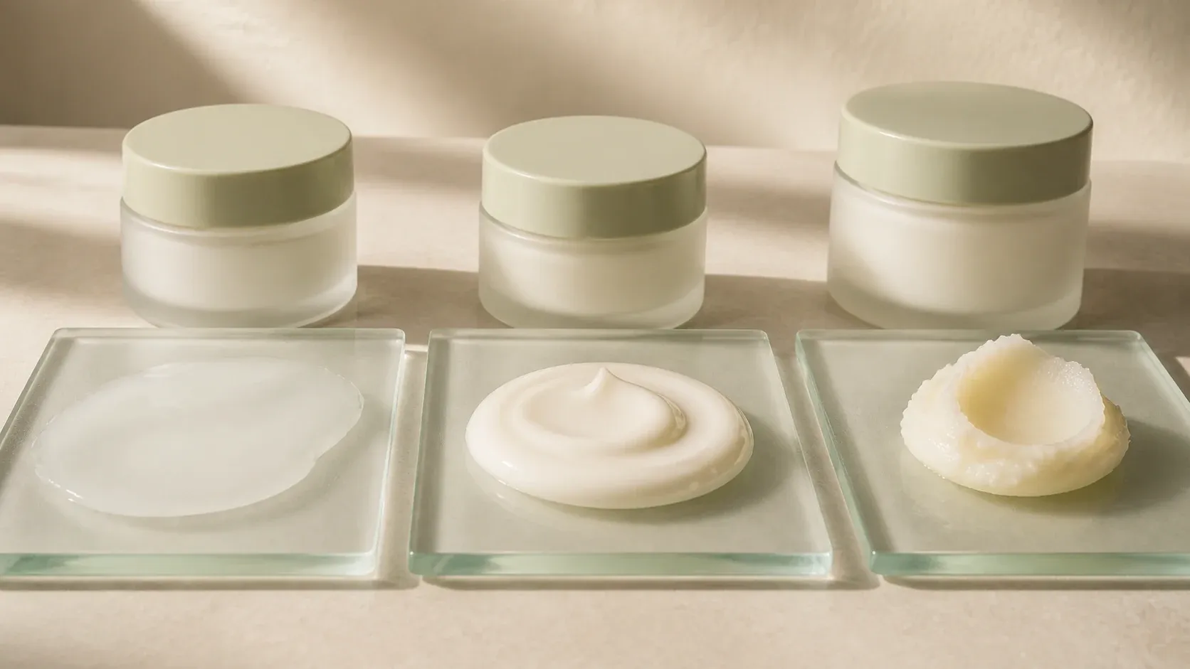 Generic light lotion, cream and balm textures on separate glass plates