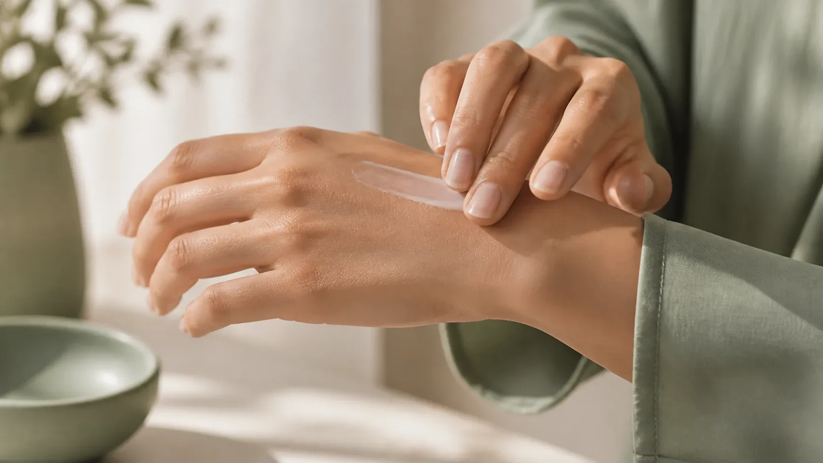 Illustration of a small amount of moisturizer being spread on the back of a hand