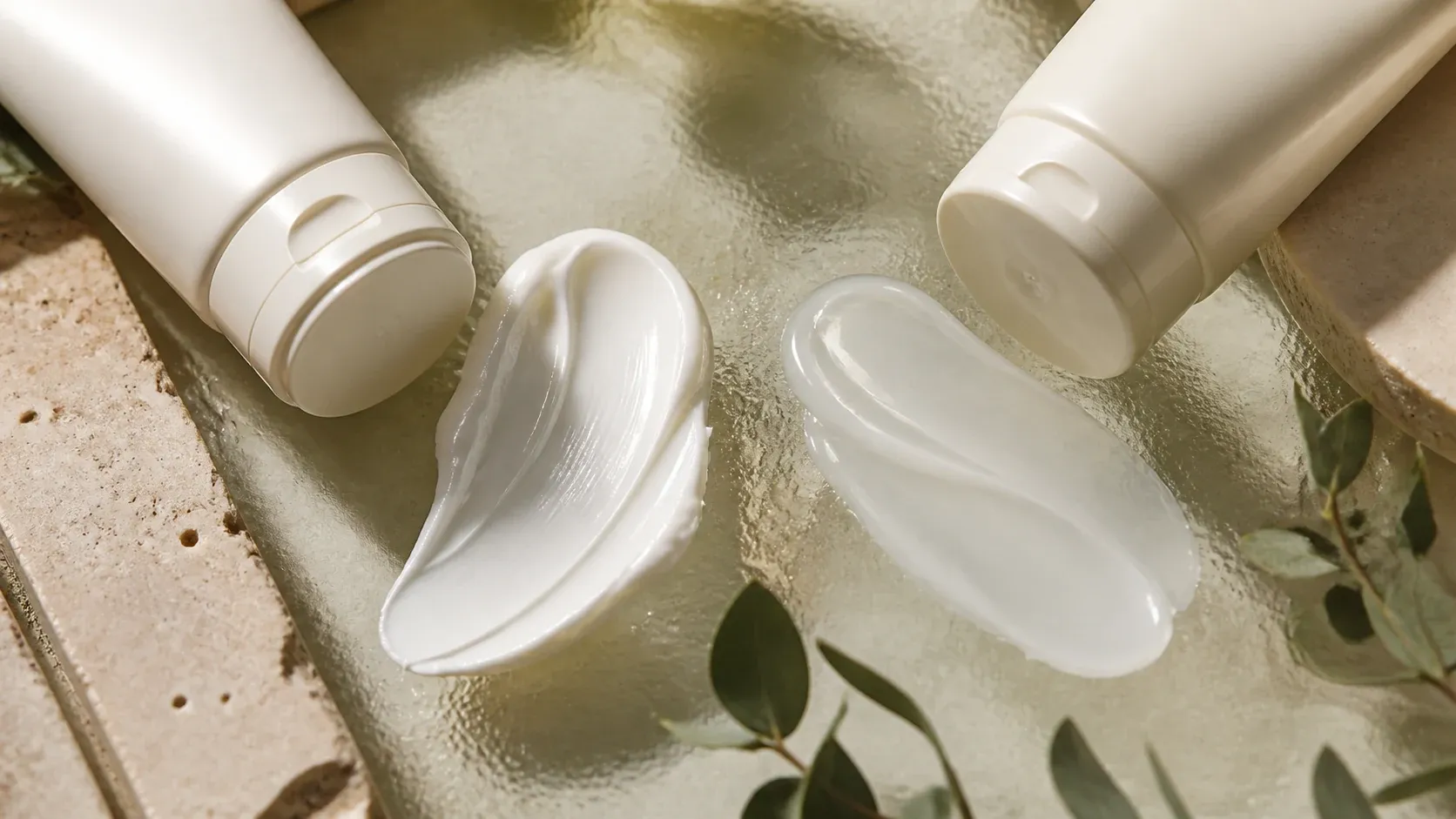 Two generic moisturizer textures on frosted glass