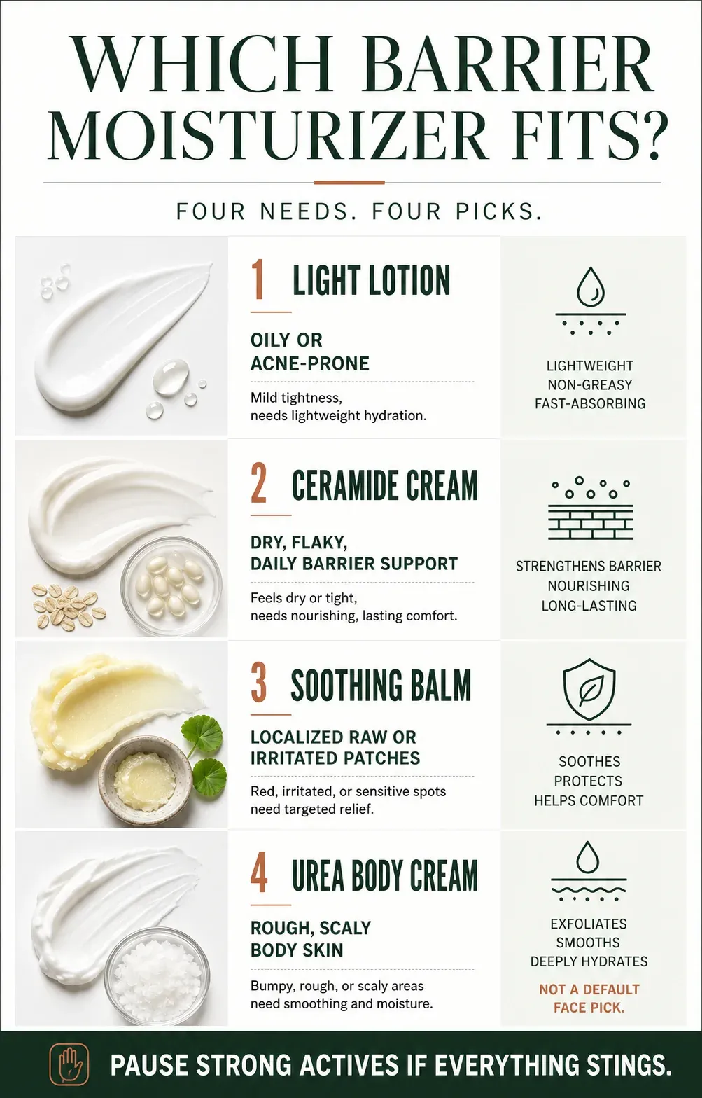 Decision guide matching light lotion, ceramide cream, soothing balm and urea body cream to different barrier needs