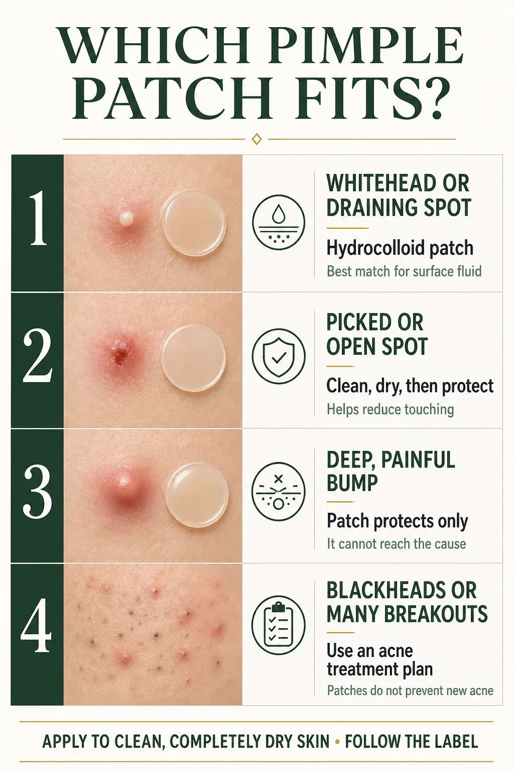 Decision guide showing when hydrocolloid patches fit whiteheads, picked spots, deep bumps and blackheads