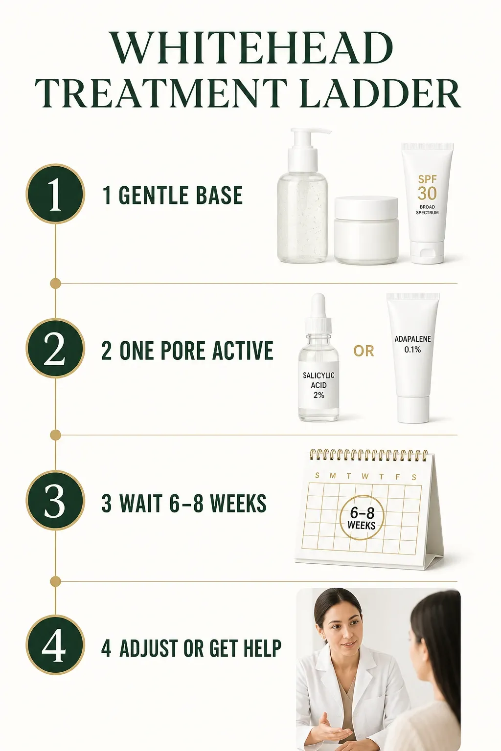 Whitehead treatment ladder from gentle base to one active and a six-to-eight-week review