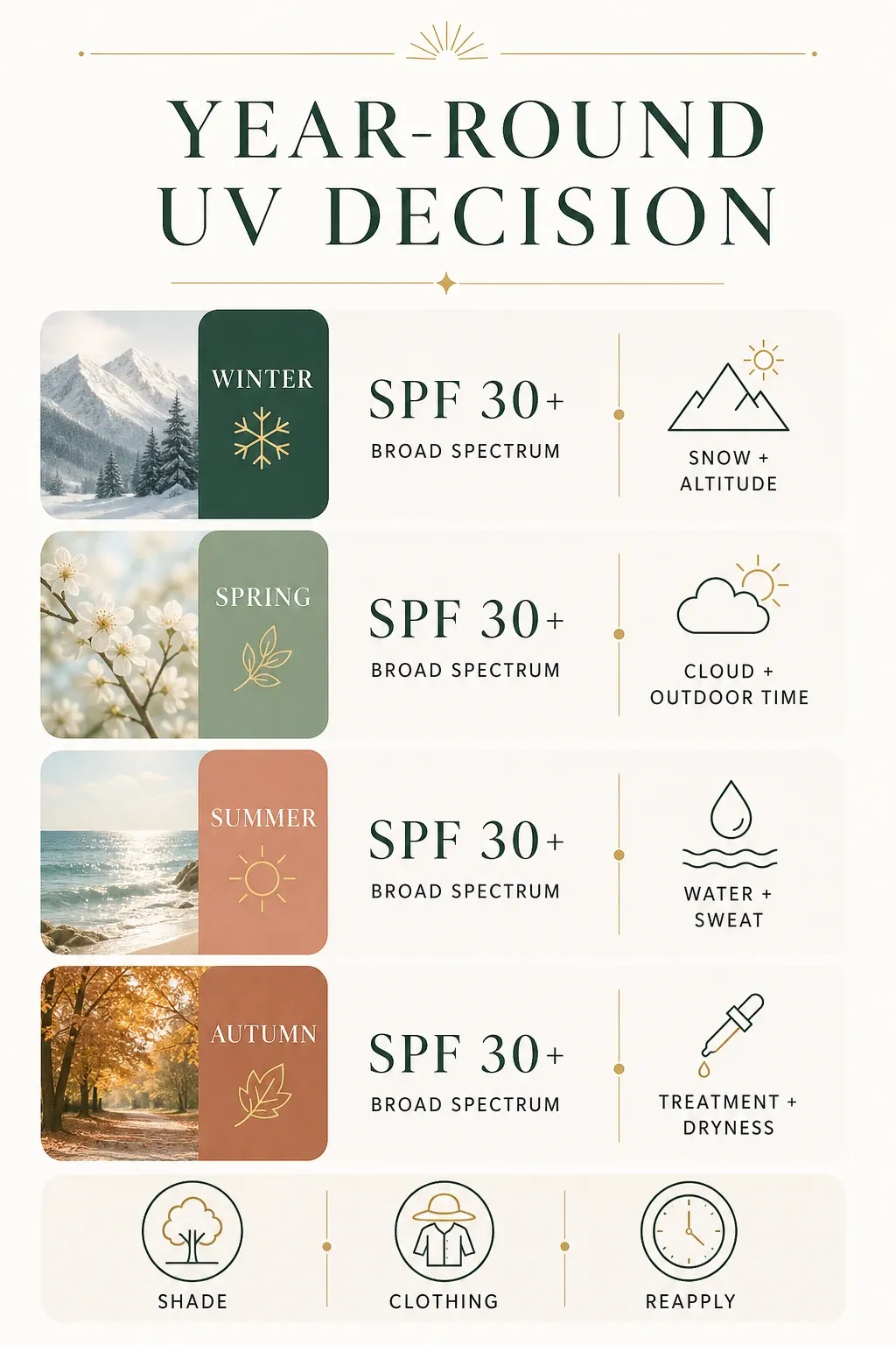 Year-round sunscreen decision guide for season, outdoor time, reflection, clothing and reapplication