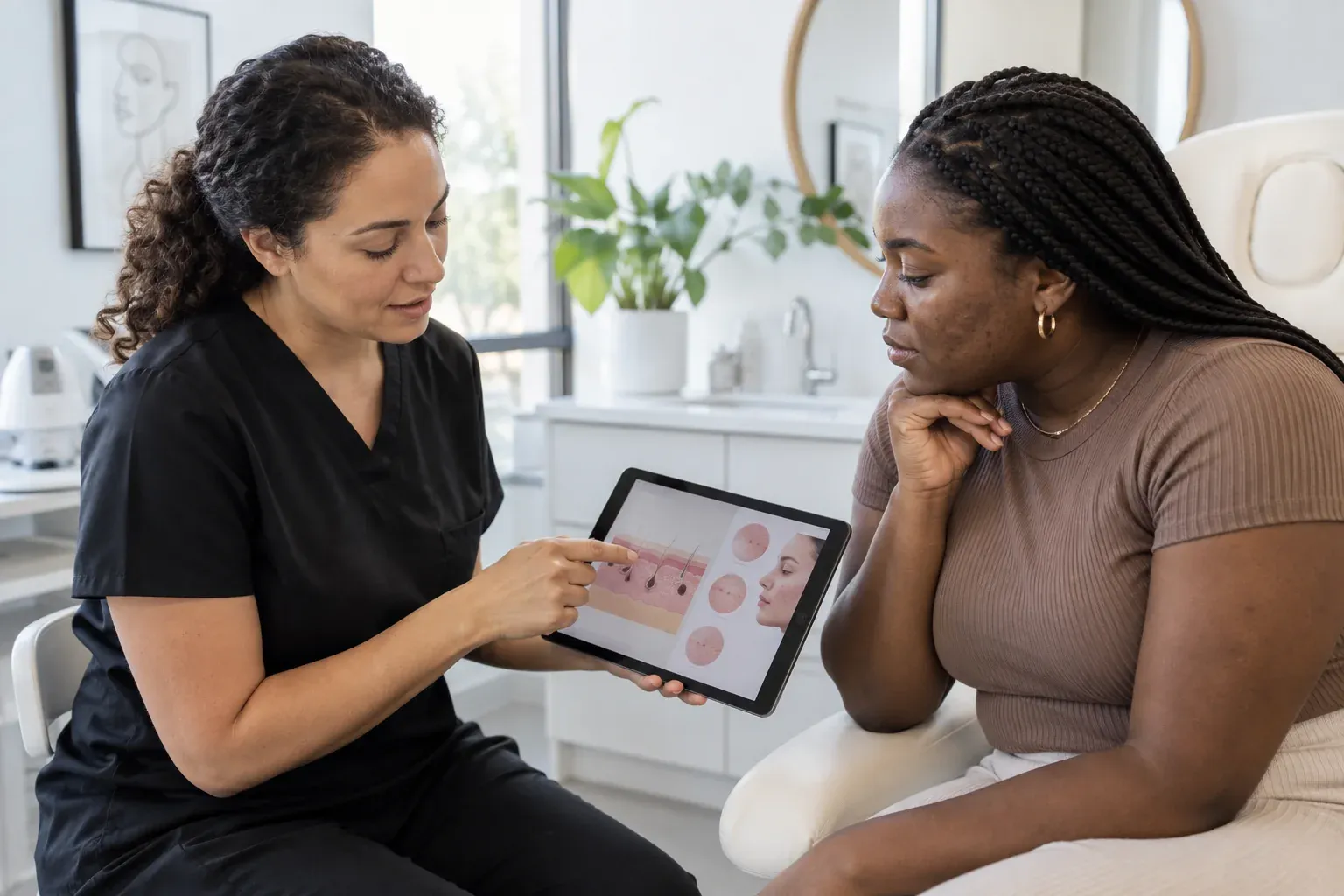 Adult with deep brown skin reviewing an individualized acne-scar plan with a skincare clinician