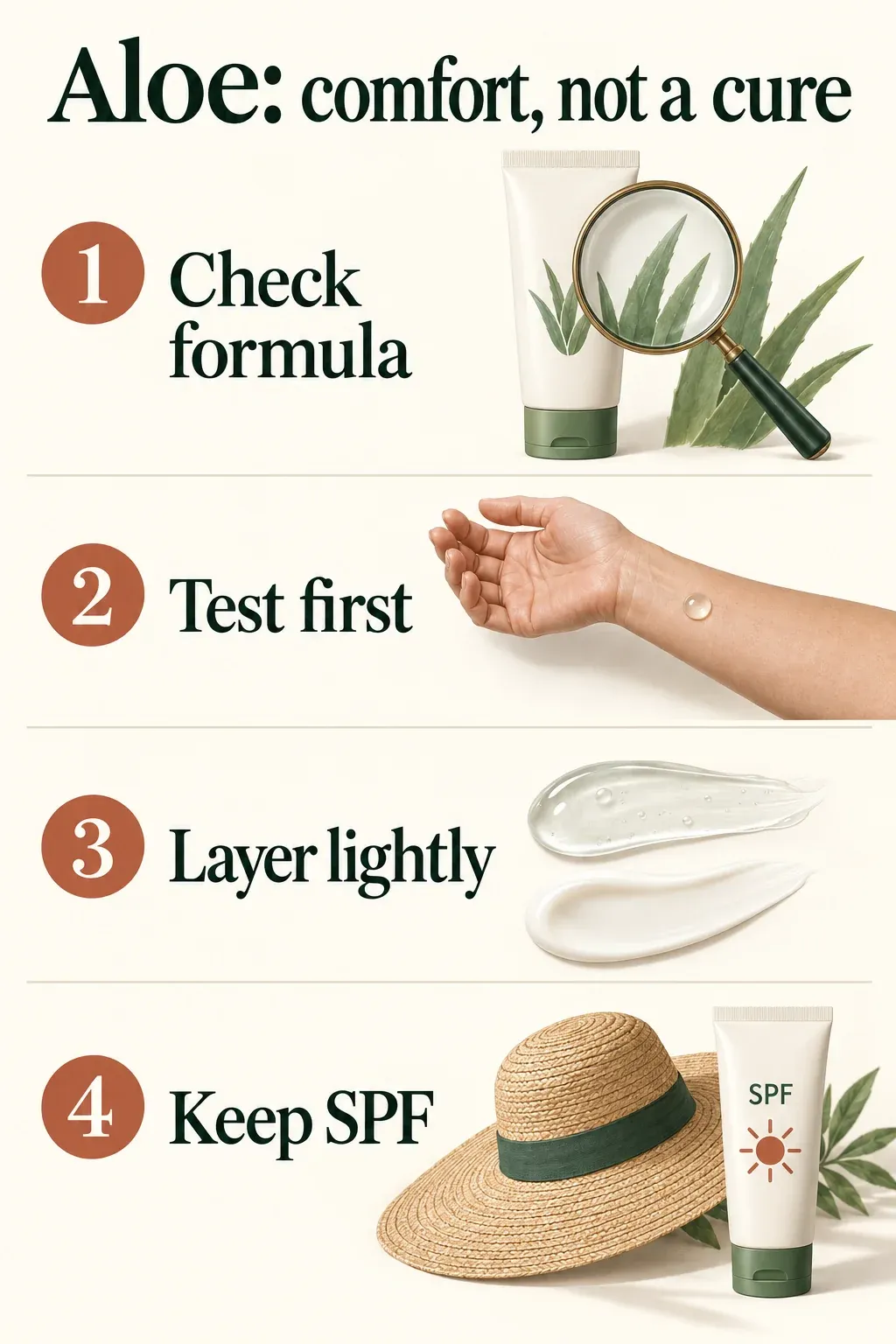 Four aloe skincare decisions: check the formula, test first, layer lightly, and keep separate sun protection