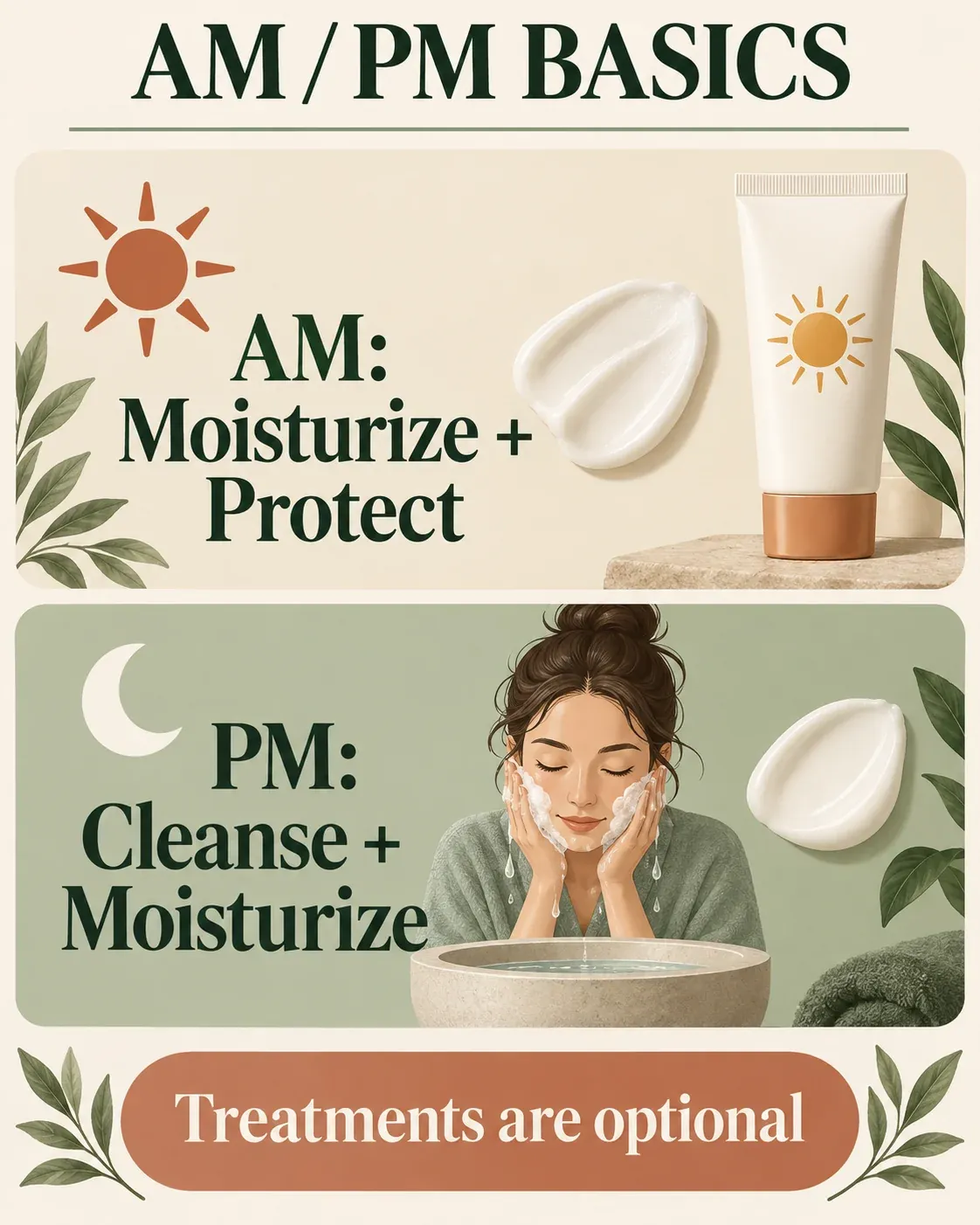 AM and PM basics: moisturize and protect during the day, cleanse and moisturize at night; treatments are optional