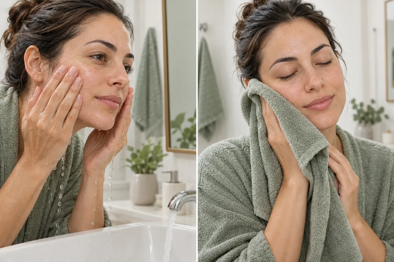 Gentle cleansing technique: washing with wet fingertips, followed by softly patting the face with a clean towel