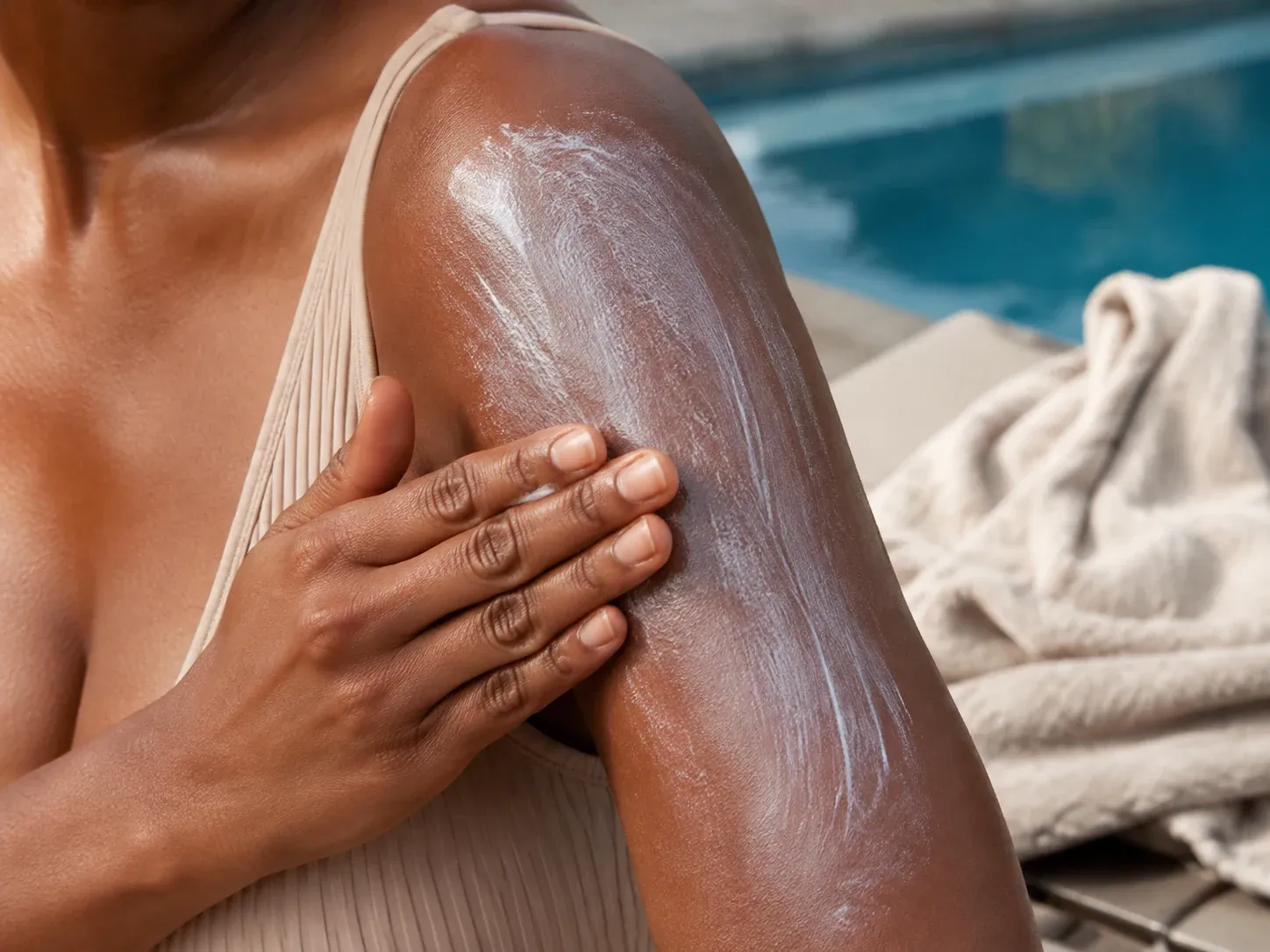 Adult applying an even sunscreen layer to the shoulder before swimming