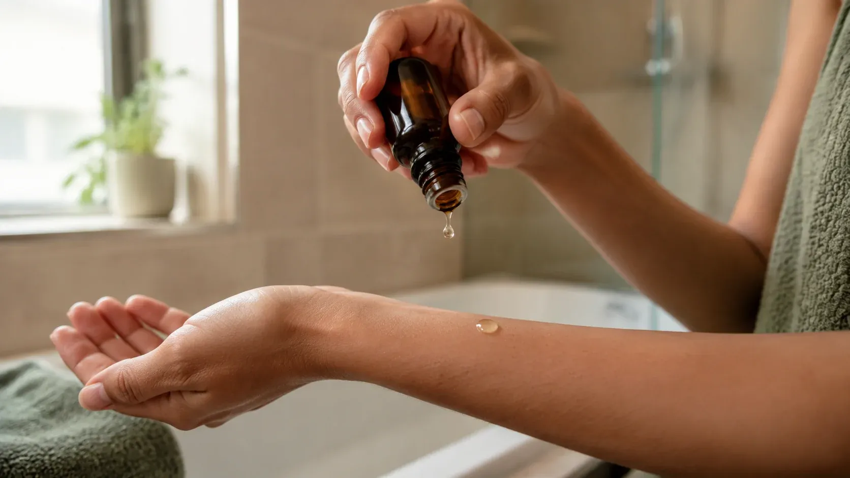 Person applying a small amount of avocado oil to a forearm after bathing