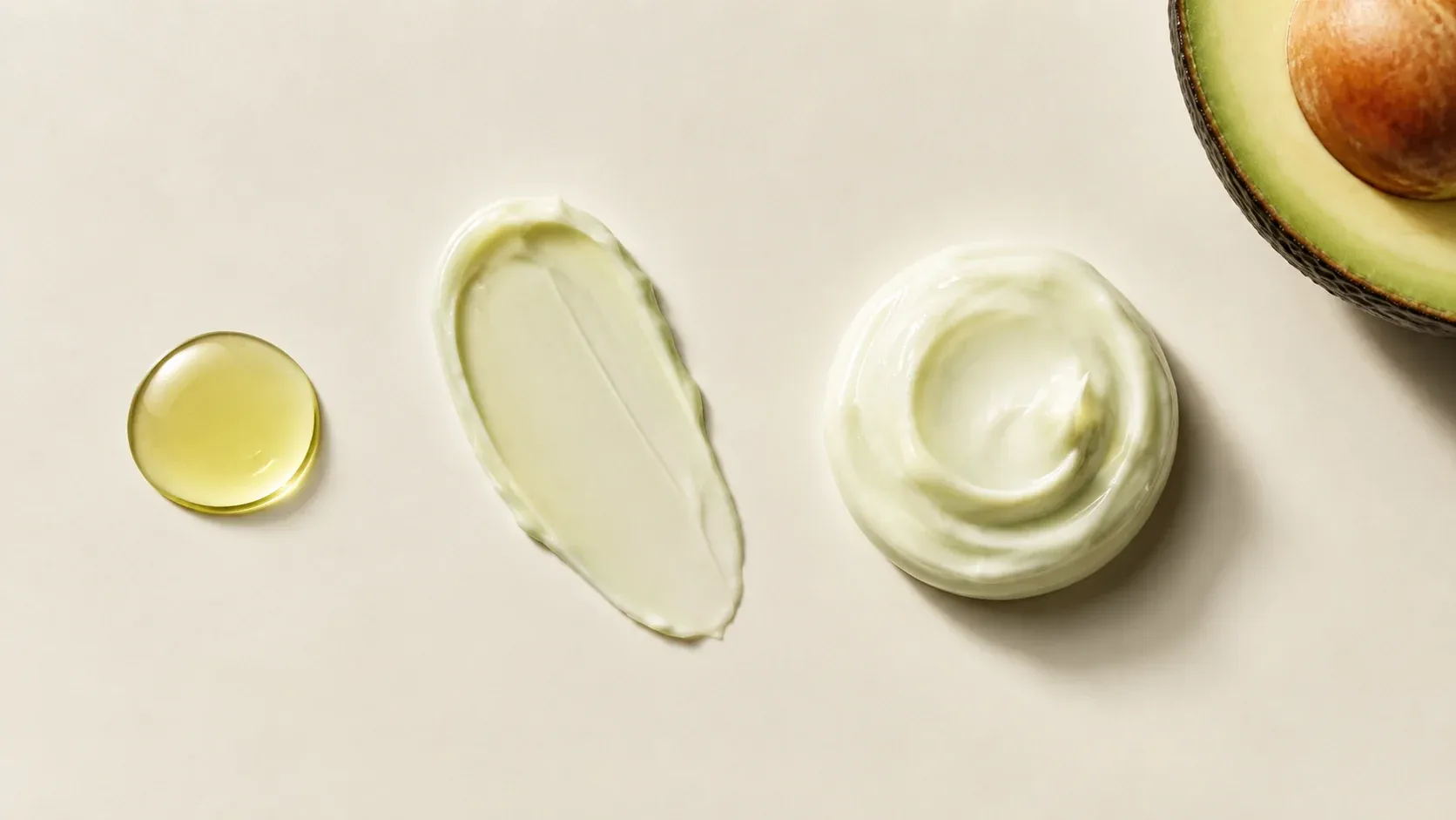 Comparison of a skincare oil droplet, lotion swipe, and cream texture