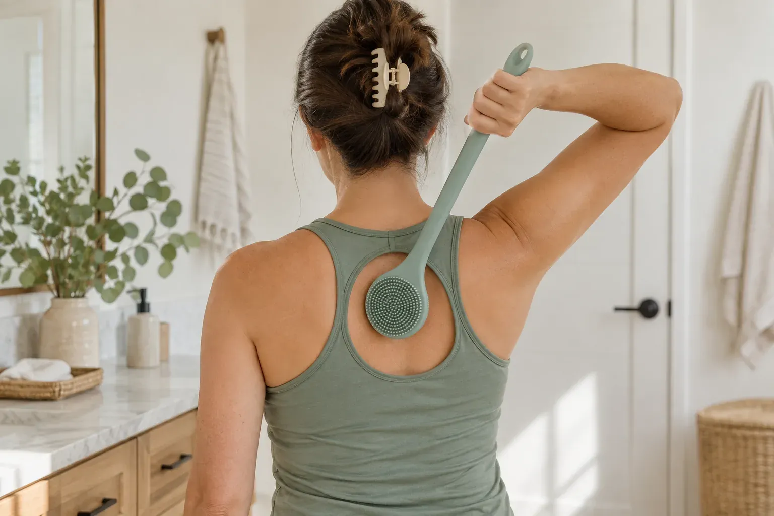 Adult in an athletic tank demonstrating how a long-handled soft silicone applicator reaches the upper back
