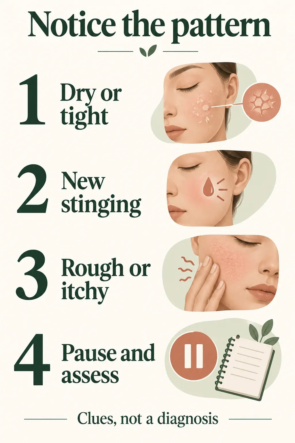 Four observation steps: dry or tight, new stinging, rough or itchy, then pause and assess; clues are not a diagnosis