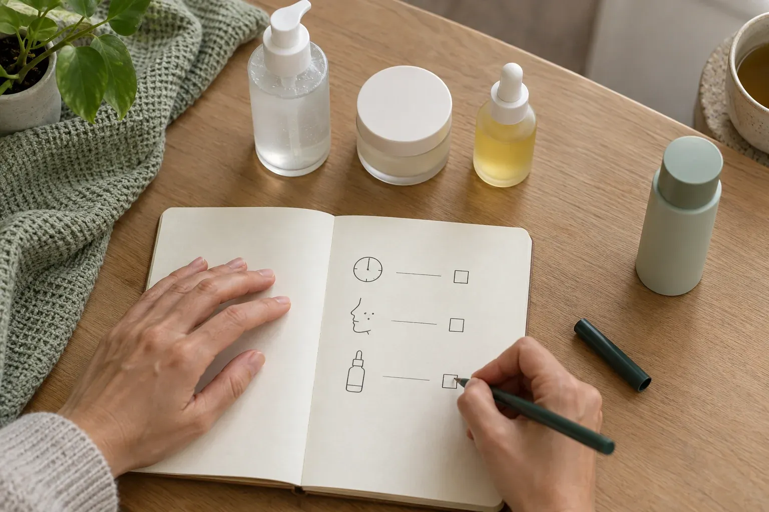 Hands recording time, skin symptoms and product use in a notebook, with one skincare bottle separated from the routine