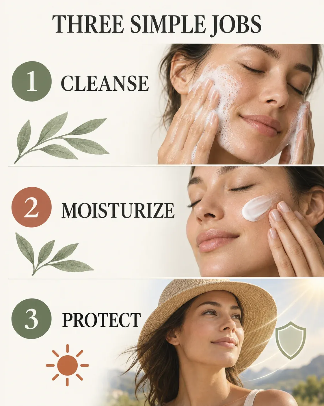 Three beginner skincare jobs in order: gentle cleansing, moisturizing and daytime sun protection
