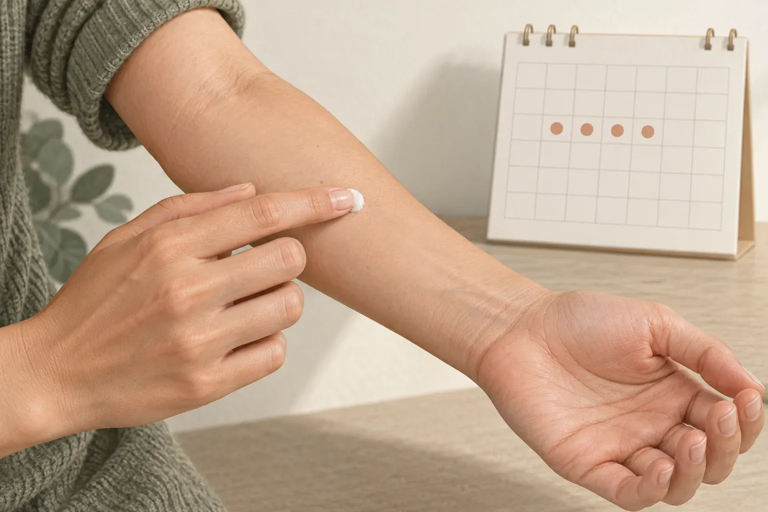 Illustration of a small dab of skincare applied to the inner forearm while tracking observations over several days