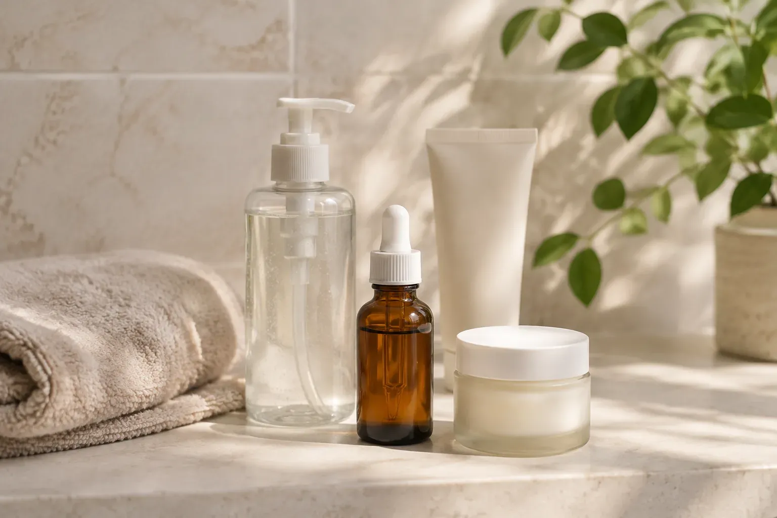 Unbranded gentle cleanser, salicylic acid style treatment, moisturizer and sunscreen on a bathroom counter