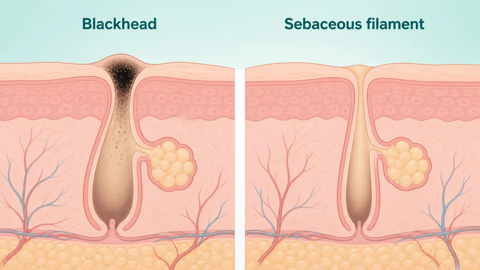 Blackhead compared with a sebaceous filament in skin cross-section