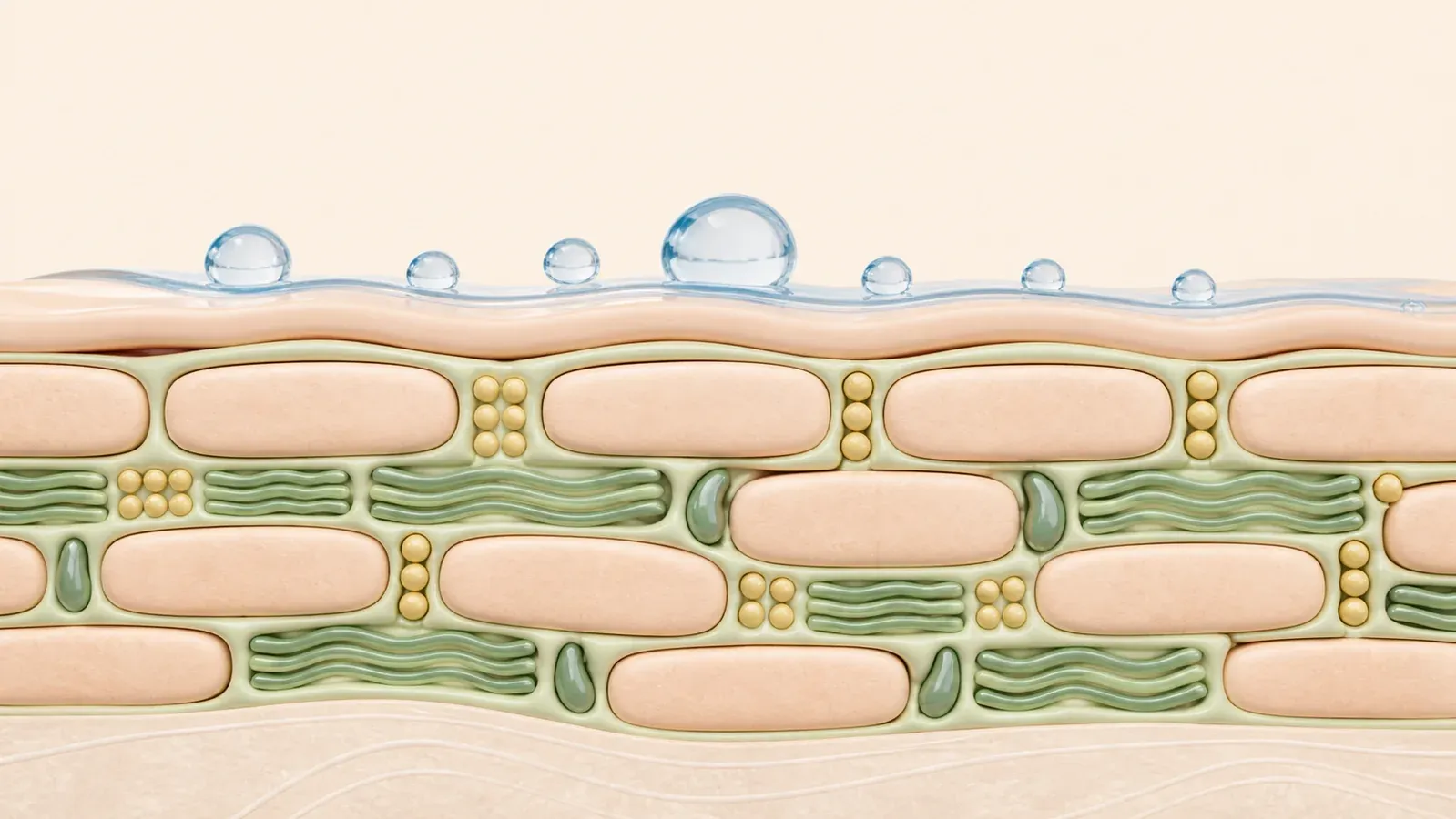 Editorial illustration of skin cells surrounded by protective barrier lipids and retained water