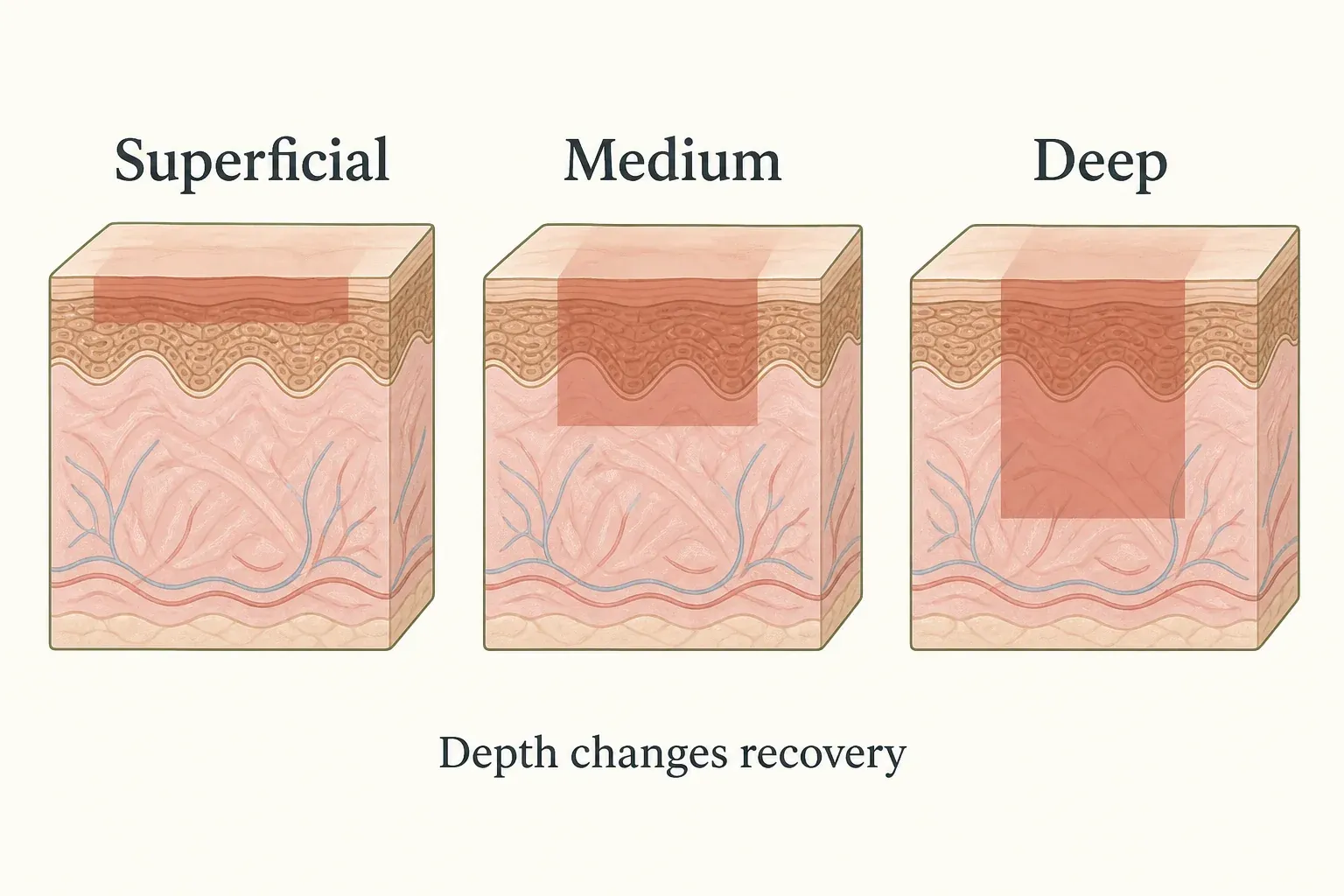 Simplified skin cross-sections comparing superficial, medium and deep peel treatment depths.