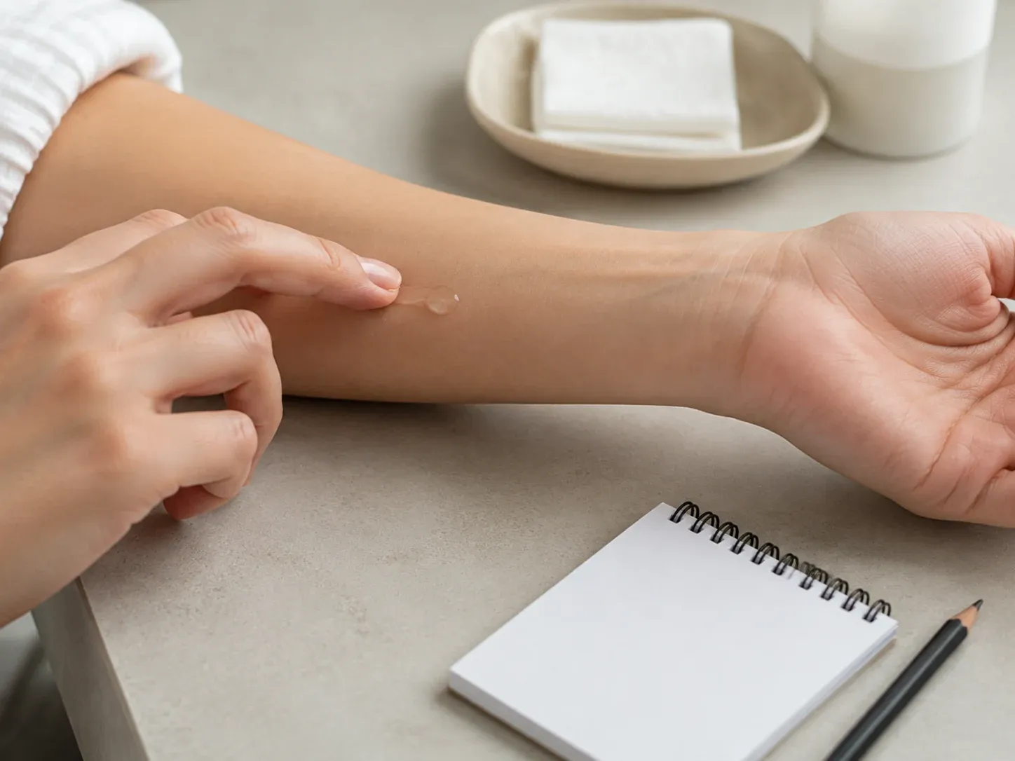 A tiny amount of oil being patch tested on the inner forearm beside a blank tracker