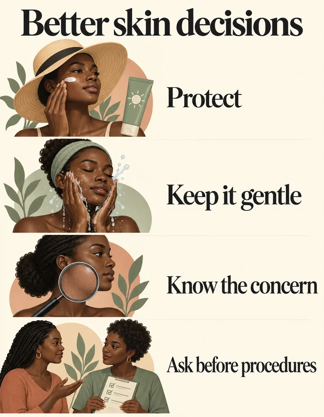 Four skincare decisions: protect, keep it gentle, know the concern, and ask before procedures