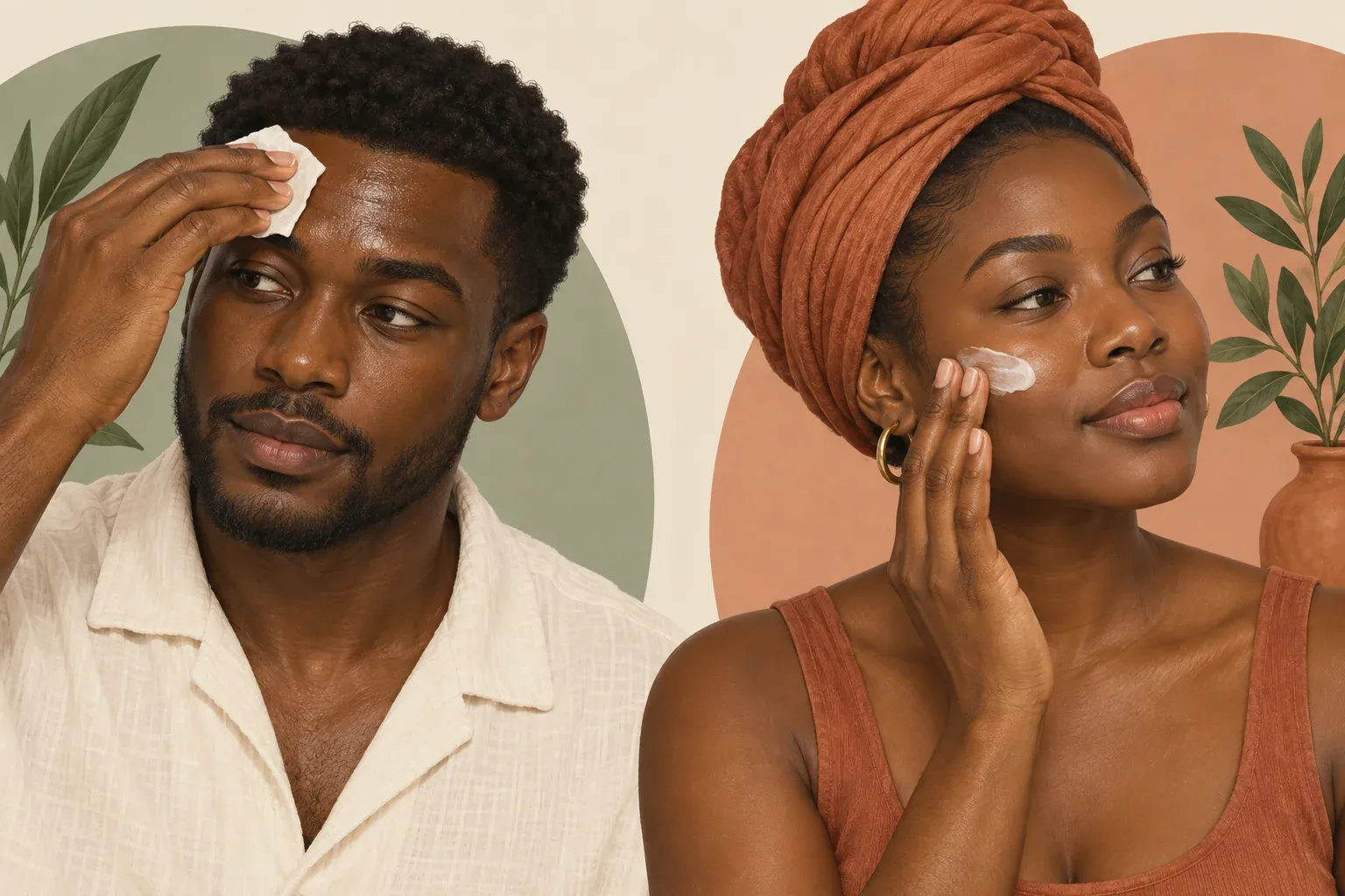 Two people with similar brown complexions: one blots an oily forehead while the other applies moisturizer
