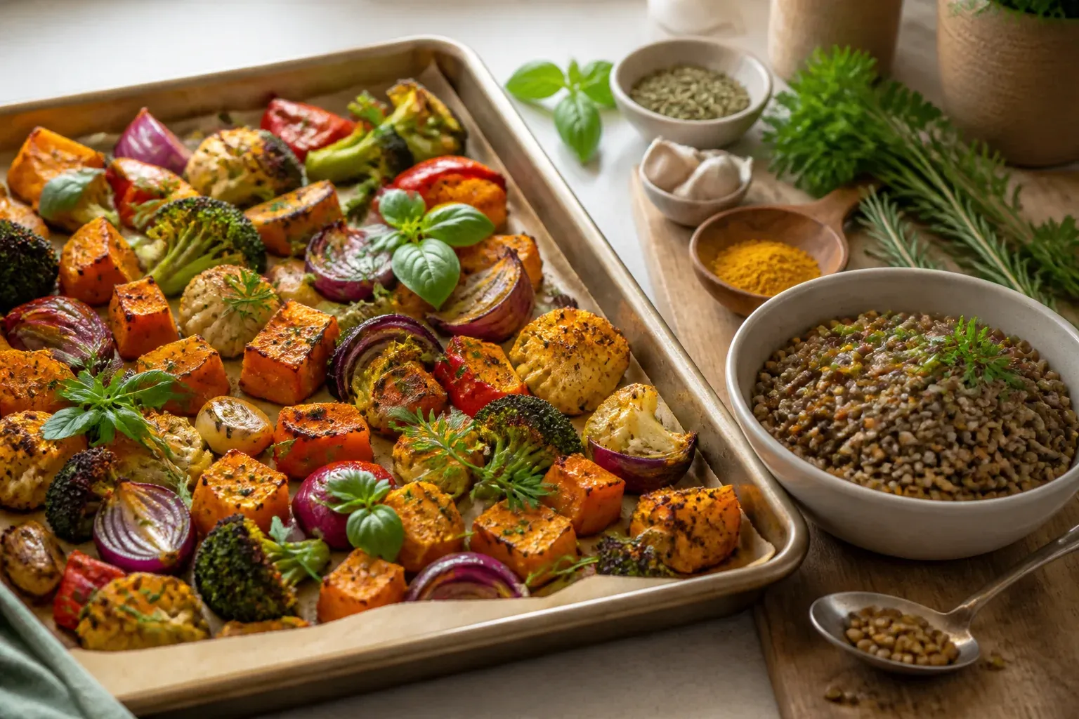 Roasted vegetables and lentils seasoned with culinary herbs, garlic, and turmeric