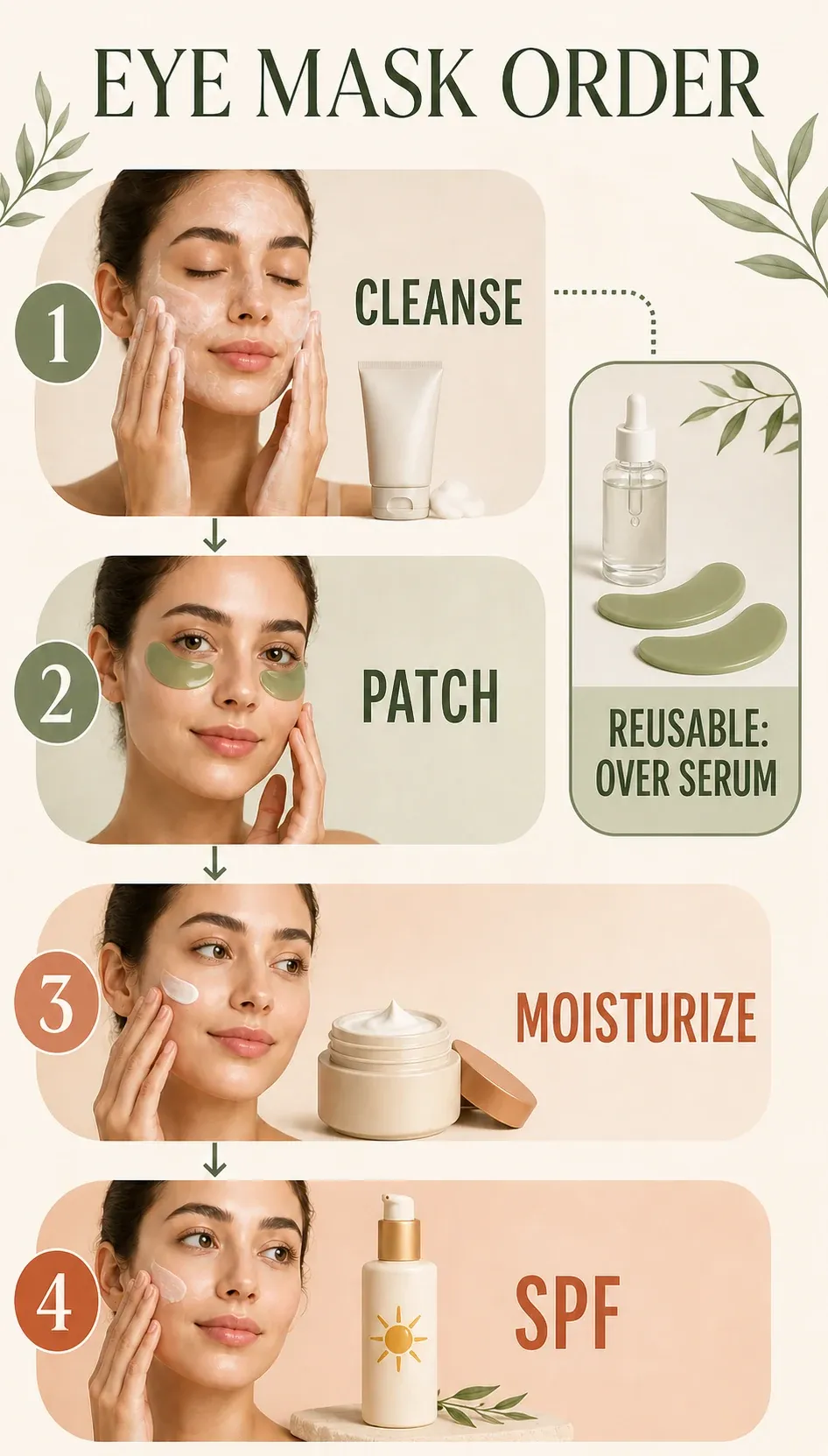 Infographic showing eye mask order: cleanse, apply patches, moisturize, and finish with SPF; reusable patches go over serum