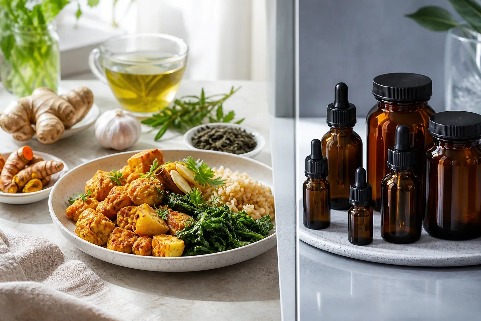 Culinary herbs, spices, and tea shown beside concentrated unbranded extract bottles
