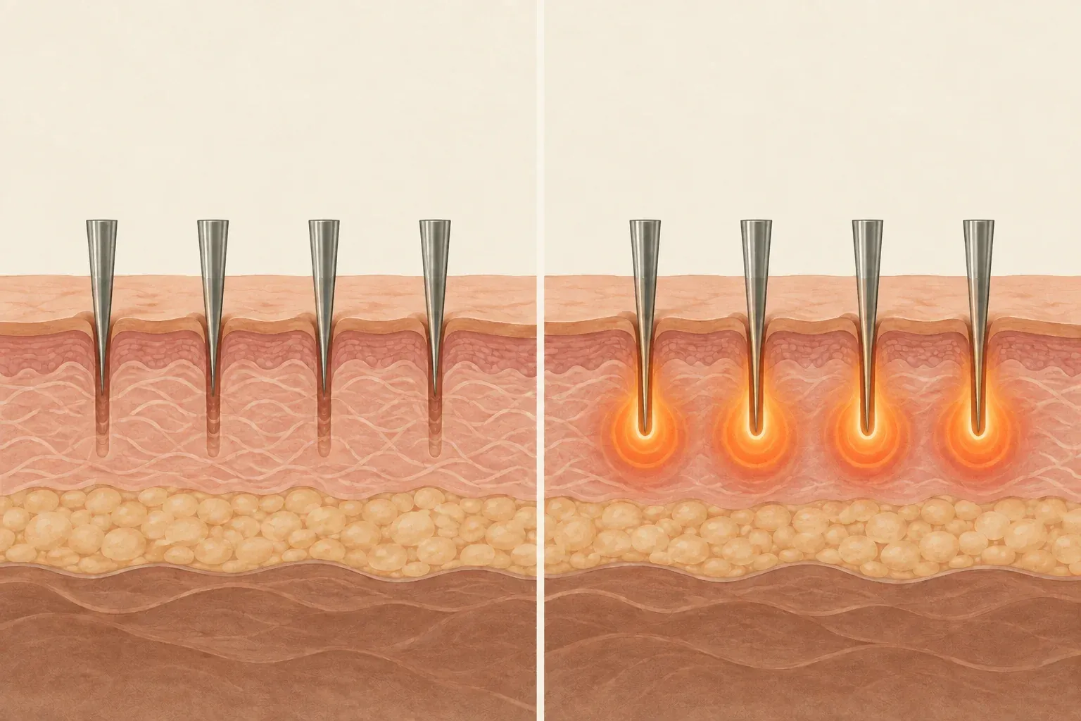 Simplified comparison of mechanical needle channels on the left and added radiofrequency heat around needle tips on the right