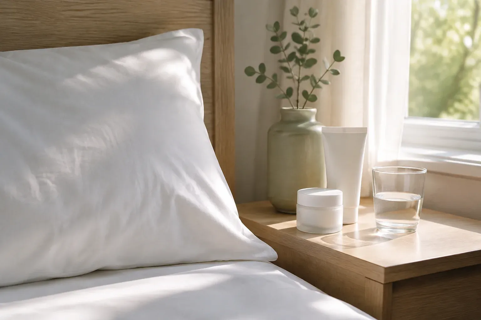 Smooth clean pillowcase beside simple moisturizer and sunscreen in morning light