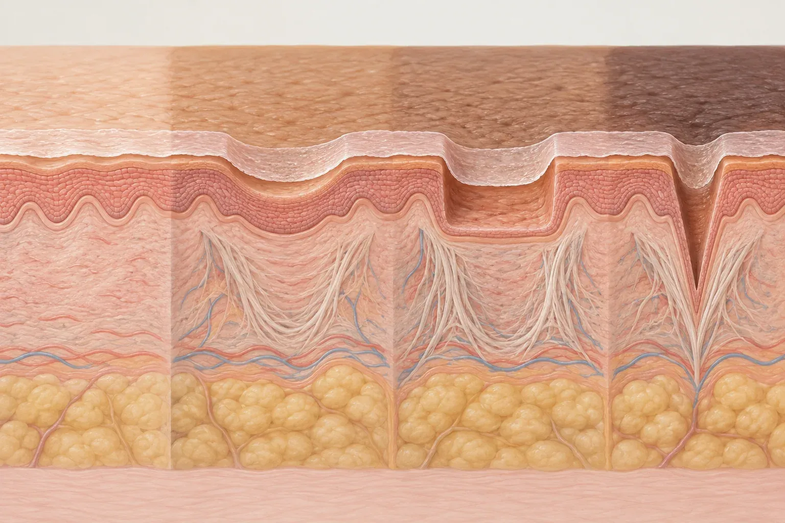 Educational skin cross-section showing rolling, boxcar and ice-pick scar depths beneath the surface