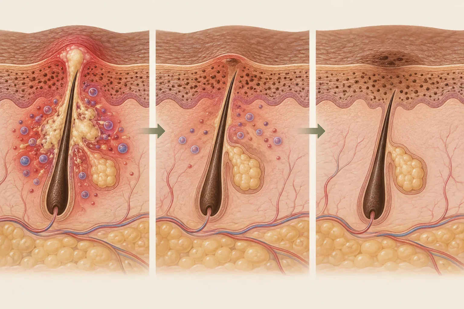 Three-stage skin cross-section showing an inflamed acne follicle settling and leaving flat residual pigment