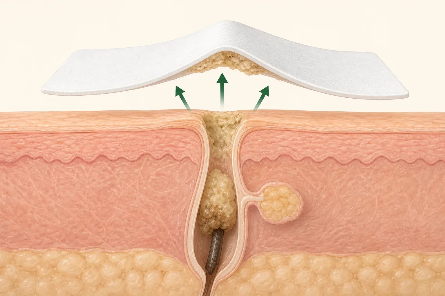 Cross-section illustration showing a pore strip lifting exposed surface material while deeper follicle contents remain
