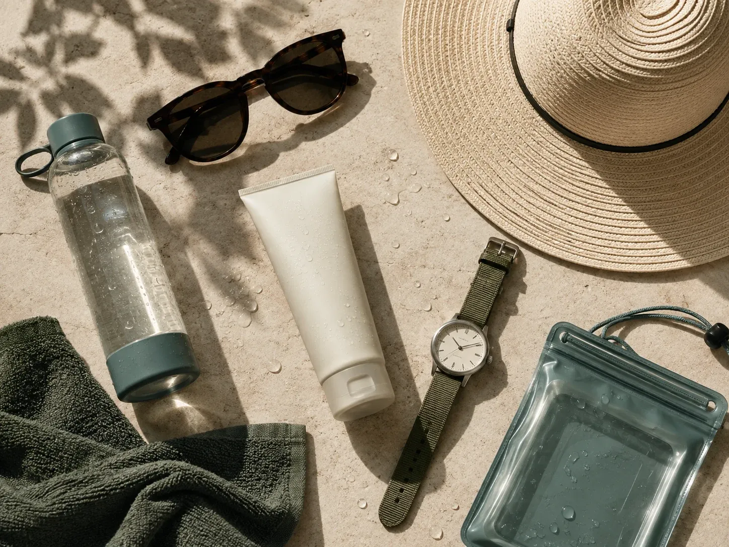 Sunscreen reapplication kit with towel, hat, watch, sunglasses and water bottle