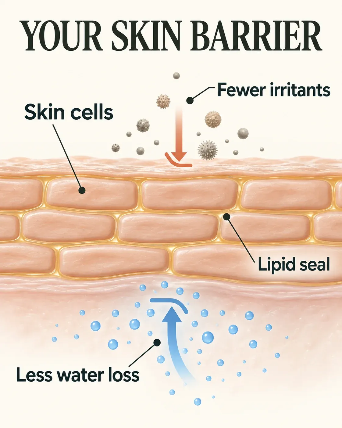 Simplified skin barrier diagram showing skin cells, lipid seal, reduced water loss and fewer entering irritants