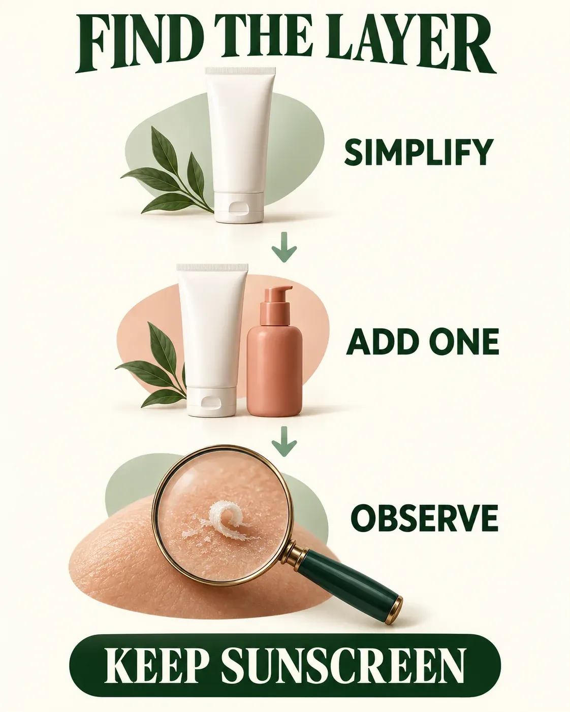 Pilling troubleshooting sequence: simplify optional layers, add one product, observe the result, and keep sunscreen