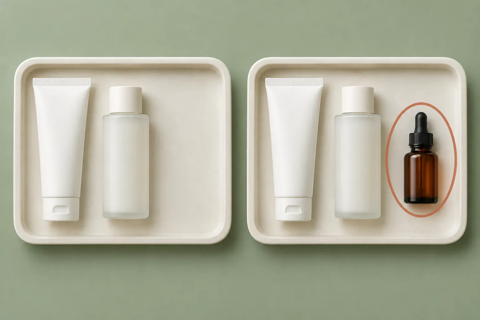 Two matching routine trays with the same sunscreen and moisturizer, with only one extra serum on the second tray