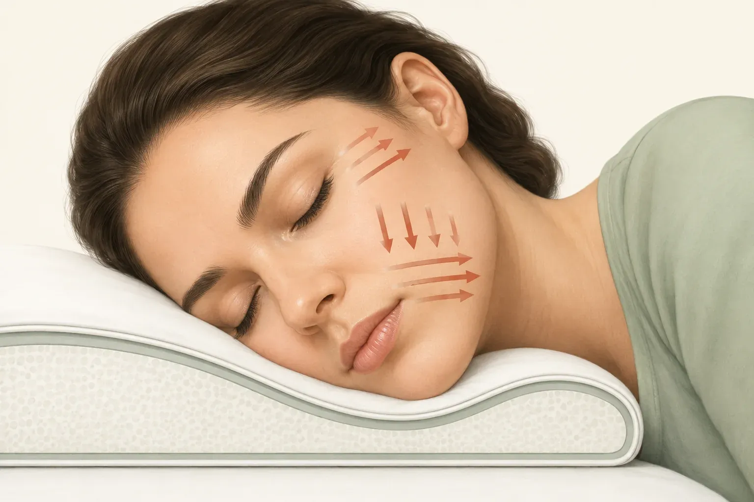 Editorial illustration showing compression and shear where a side-sleeping face meets a pillow