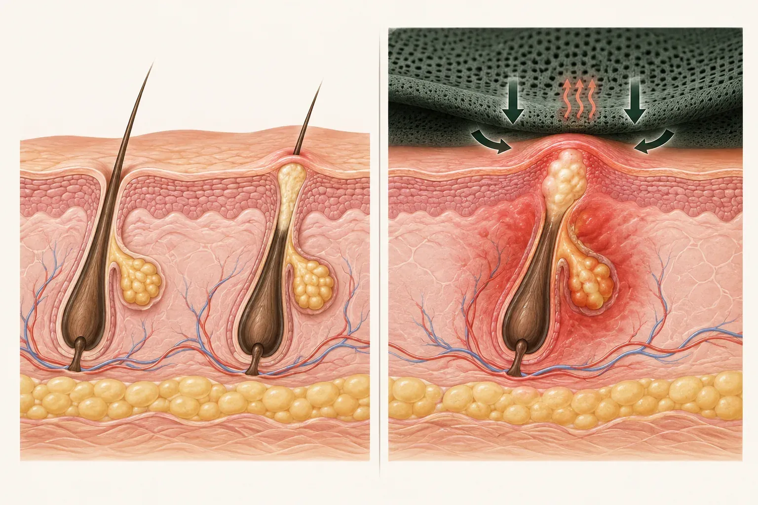 Educational skin cross-section showing an early follicular plug and an inflamed follicle under occlusive athletic fabric
