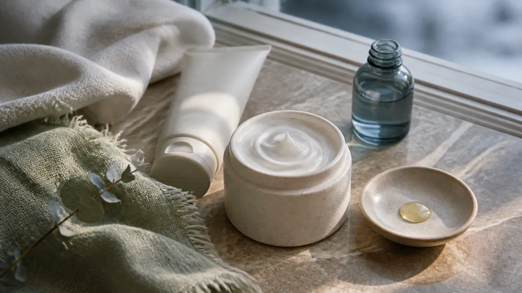 Rich cream and balm skincare textures for cold dry weather