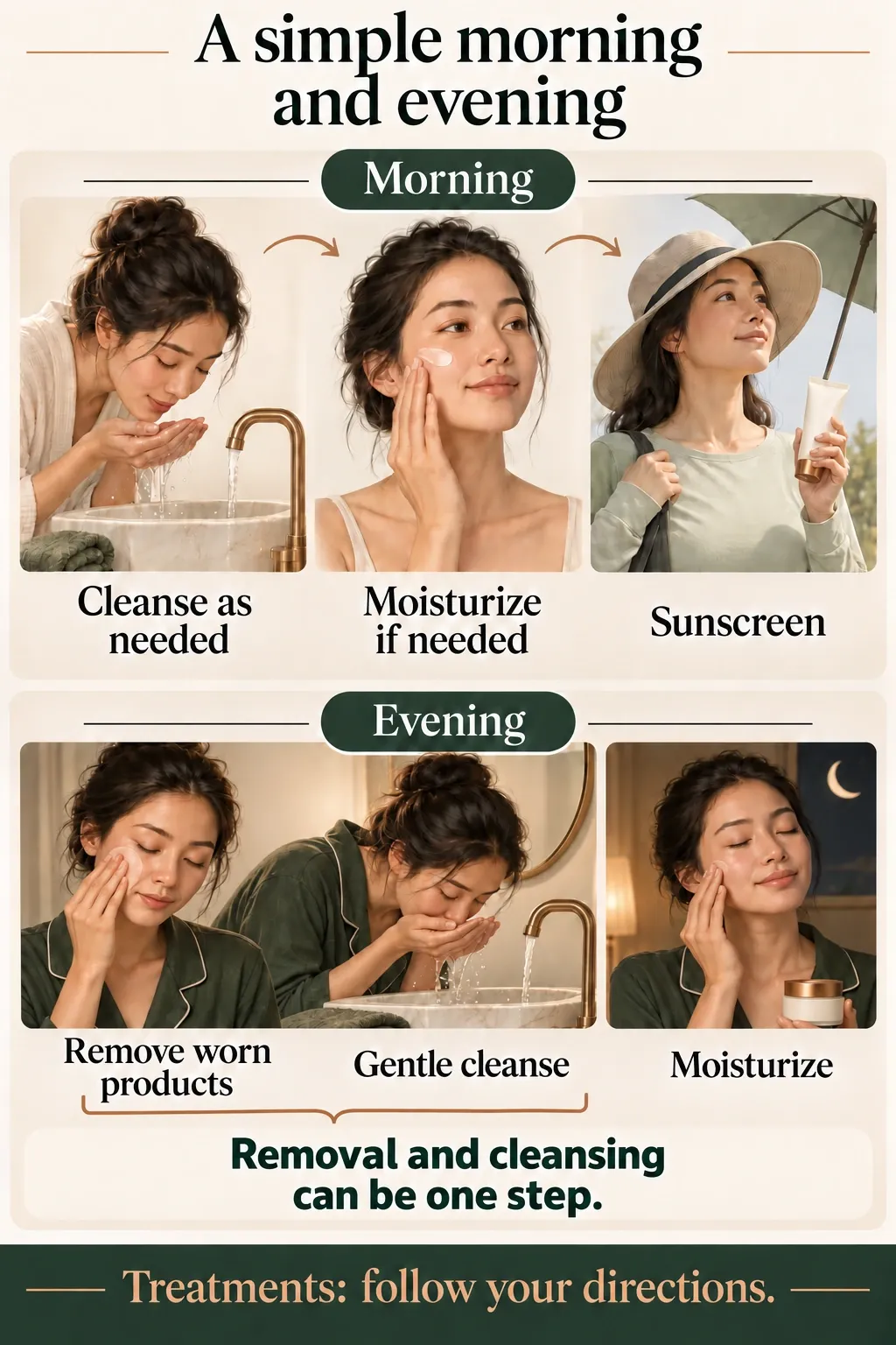 Illustrated morning and evening paths show cleansing, moisturizing and daytime sunscreen, with treatment directions kept separate.