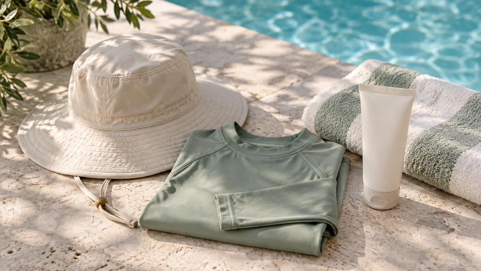 Hat, covering shirt, towel and unbranded sunscreen tube packed for a family pool outing