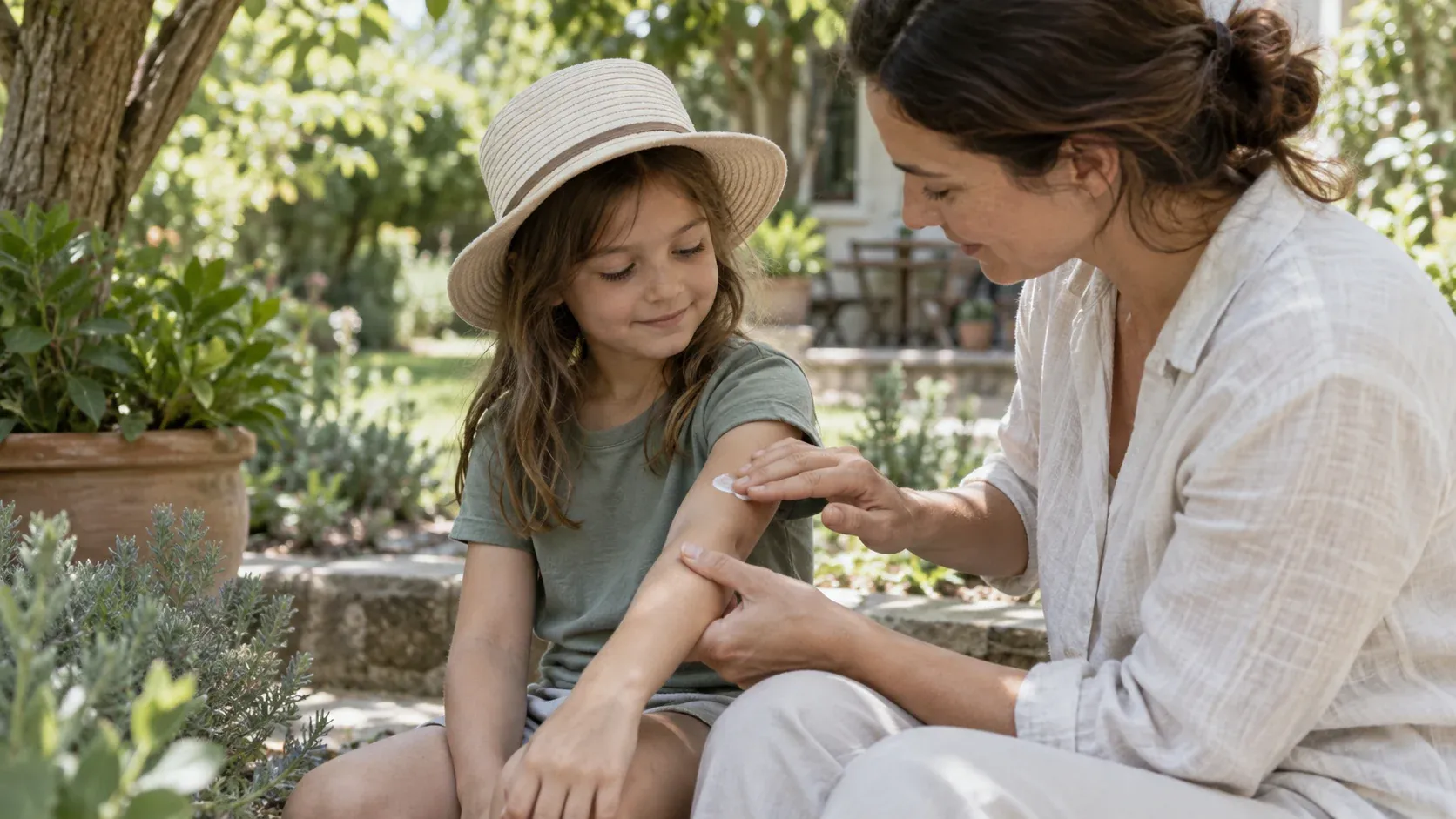 Parent applying sunscreen lotion to a hat-wearing child's exposed forearm in a shaded garden