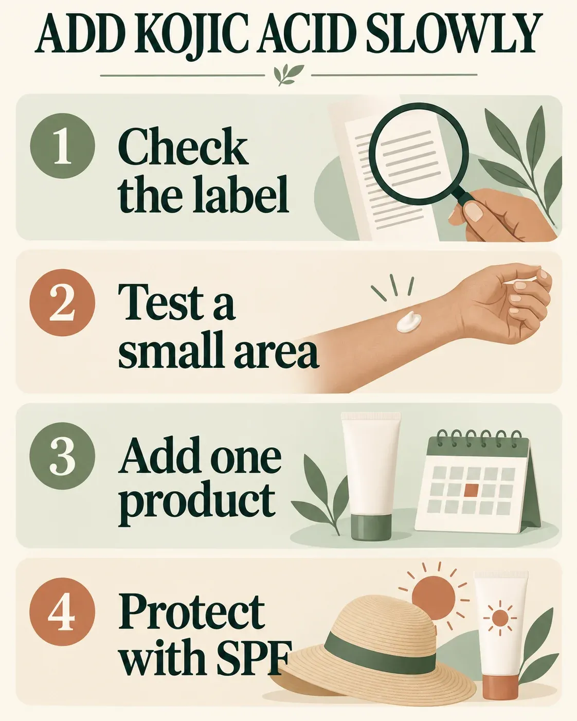 Four steps for introducing kojic acid: check the label, test a small area, add one product, and protect with SPF