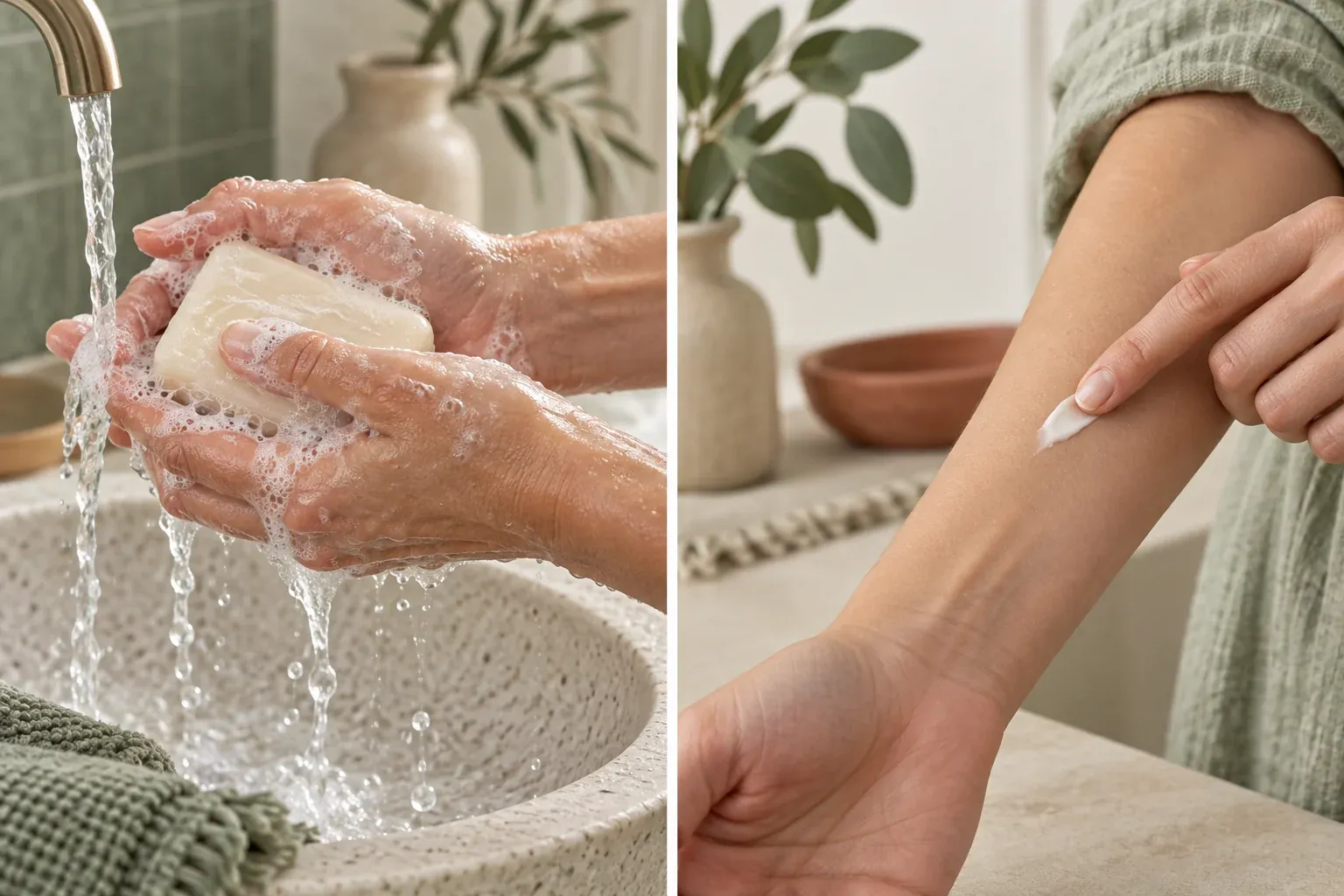 Wash-off cleansing shown with lather and rinsing beside leave-on cream being applied to an intact forearm